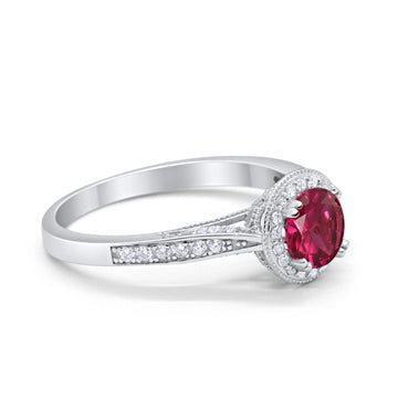 Halo Art Deco Engagement Ring Round Simulated Ruby CZ 925 Sterling Silver